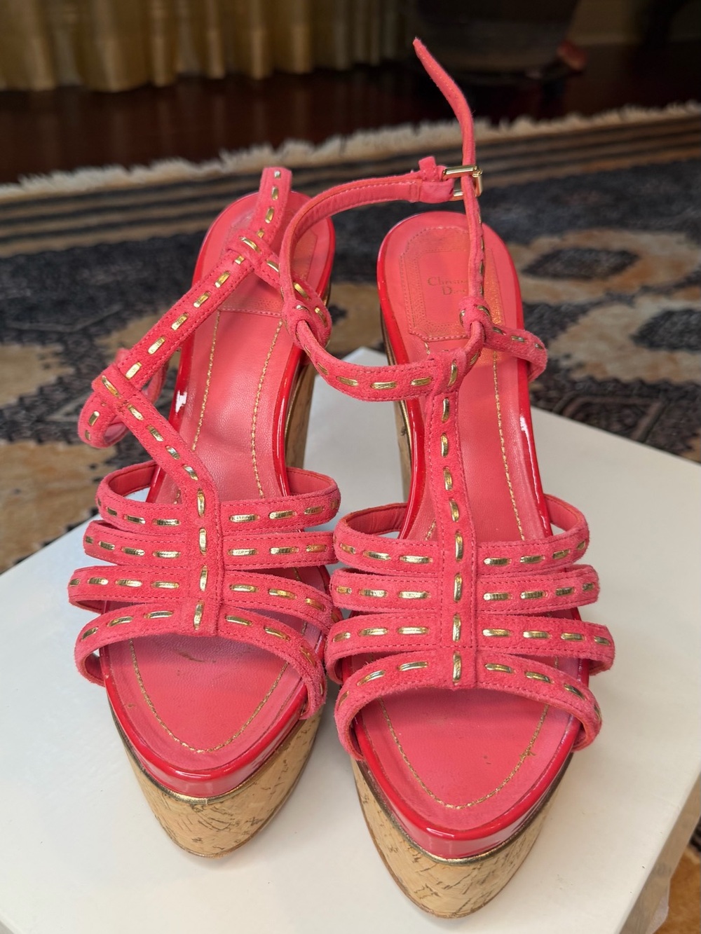 Dior Coral Pink Strappy Cork Wedge Sandals